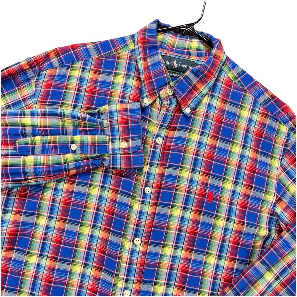 VTG Ralph Lauren shirt mens L linen blend classic fit button-down Tartan Plaid